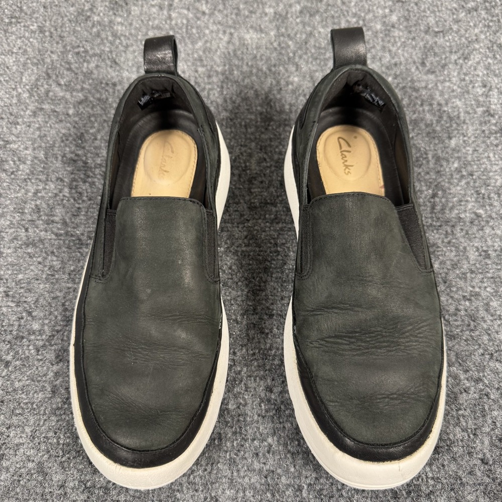 Clarks Trigenic Womens Sz 6.5 Slip on Black Suede and Leather Upper  White Sole